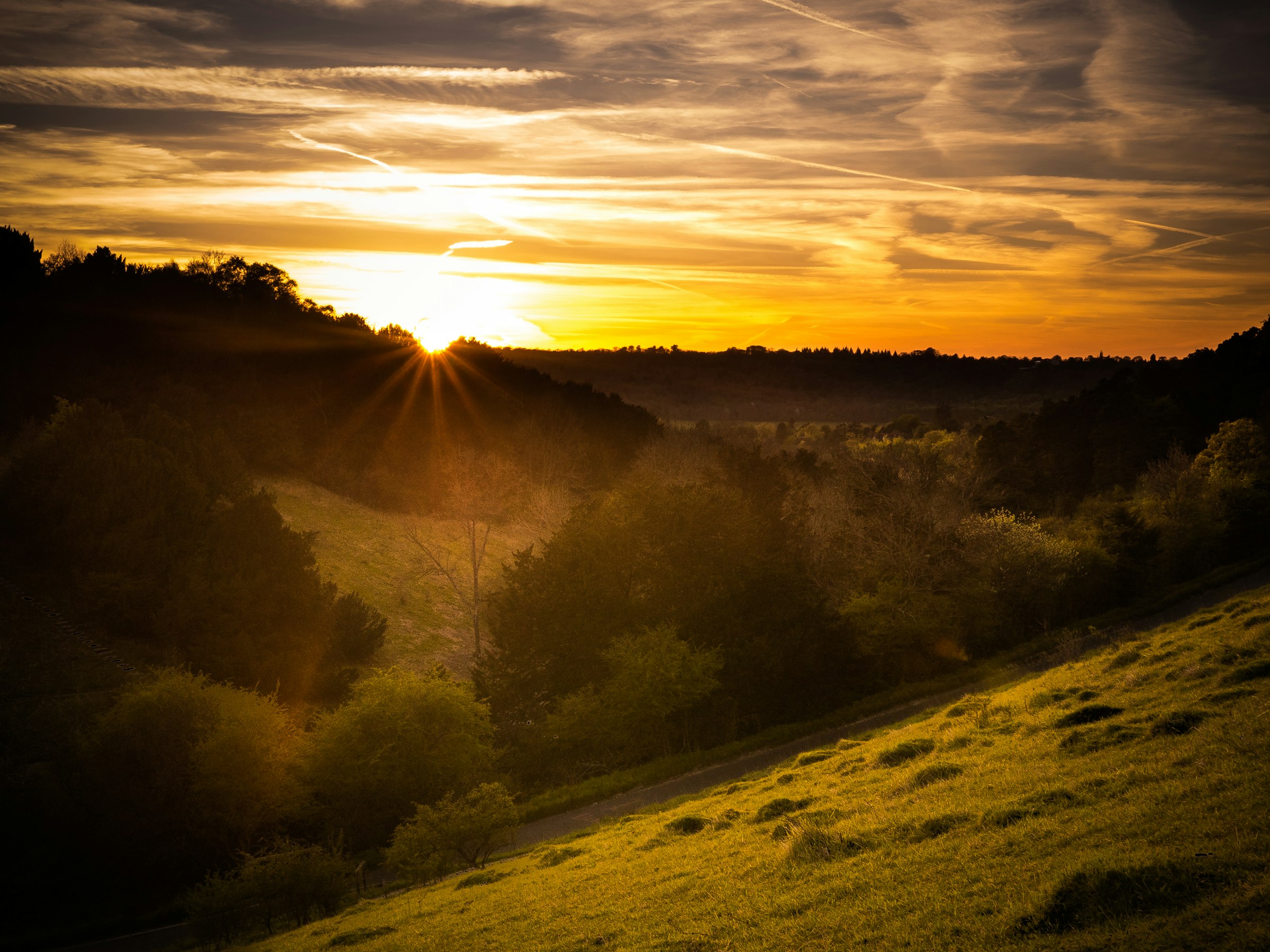 Sunset over the rolling hills of the Surrey Hills near Box Hill